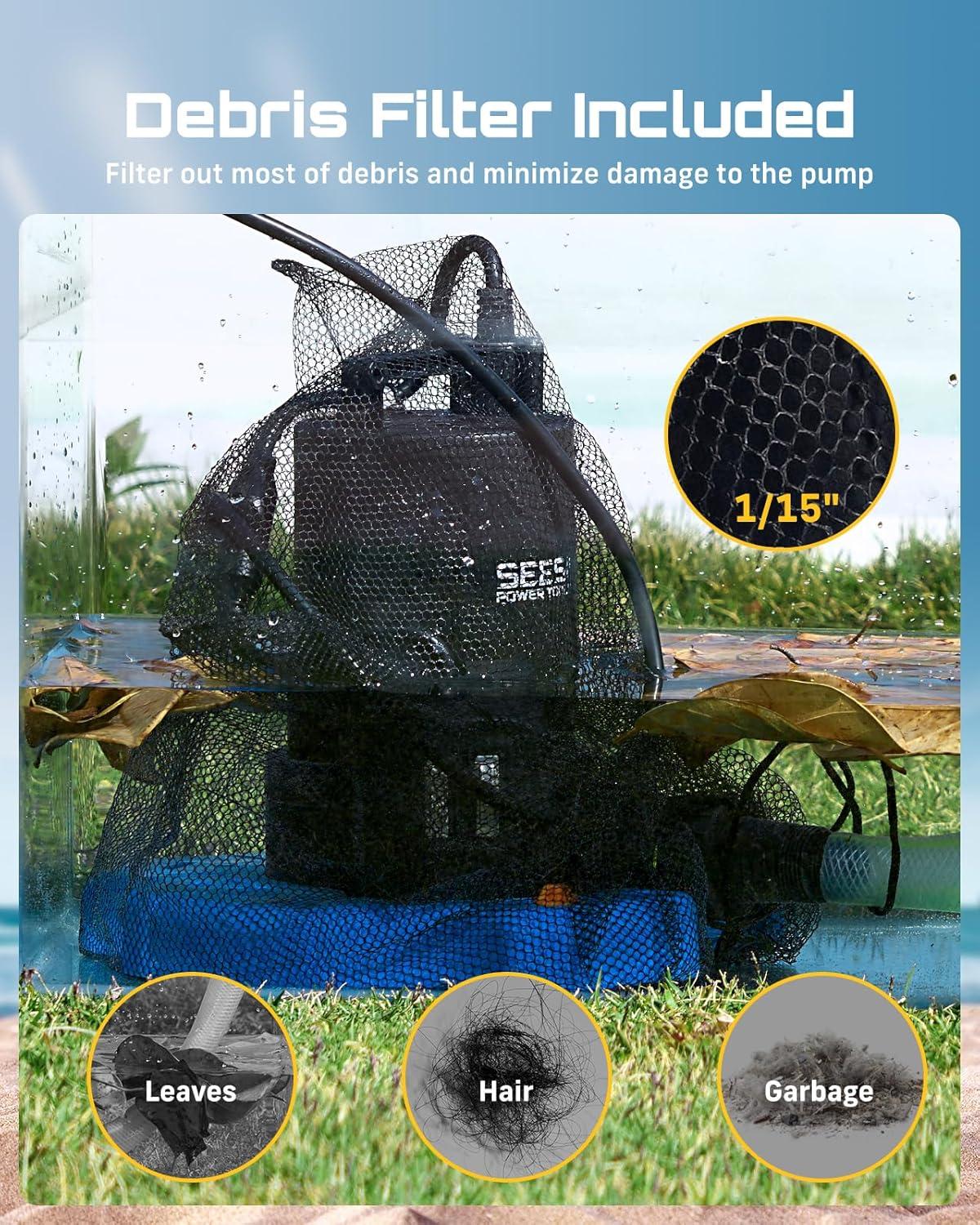imageSEESII 13HP Pool Cover Pump  Automatic OnOff 3035GPH Submersible Water Pump with Filter Net 25ft Power Cord Check Valve Sump Pump for Swimming Pool Hot Tubs Pond Basement Rooftops