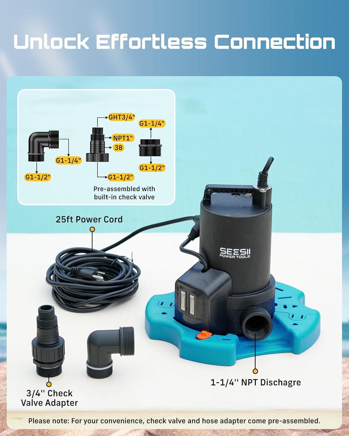 imageSEESII 13HP Pool Cover Pump  Automatic OnOff 3035GPH Submersible Water Pump with Filter Net 25ft Power Cord Check Valve Sump Pump for Swimming Pool Hot Tubs Pond Basement Rooftops