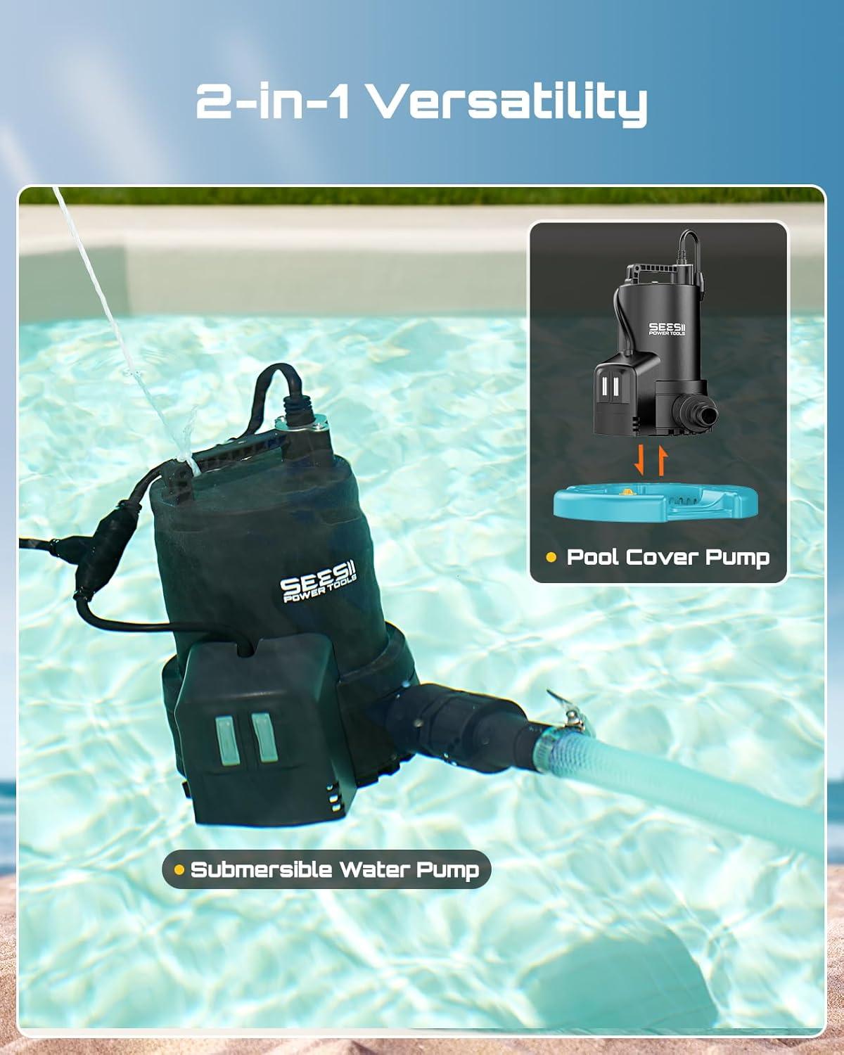 imageSEESII 13HP Pool Cover Pump  Automatic OnOff 3035GPH Submersible Water Pump with Filter Net 25ft Power Cord Check Valve Sump Pump for Swimming Pool Hot Tubs Pond Basement Rooftops