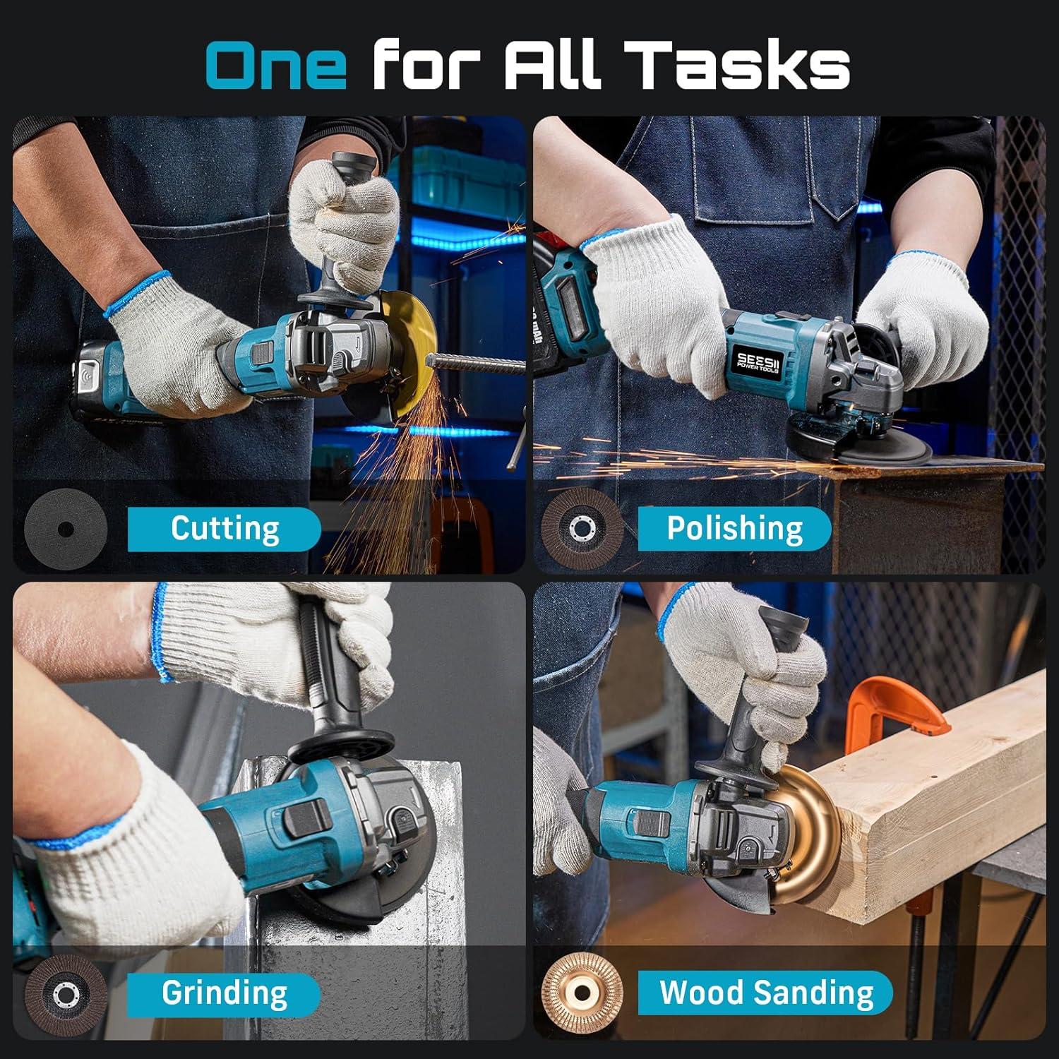 imageSEESII Cordless Angle Grinder 412 Inch 21V Brushless Battery Grinder Tool with 2X 40Ah Batteries 10000RPM for Metal Cutting Grinding Polishing Rust Removal BlueBlue