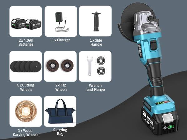 imageSEESII Cordless Angle Grinder 412 Inch 21V Brushless Battery Grinder Tool with 2X 40Ah Batteries 10000RPM for Metal Cutting Grinding Polishing Rust Removal BlueBlue