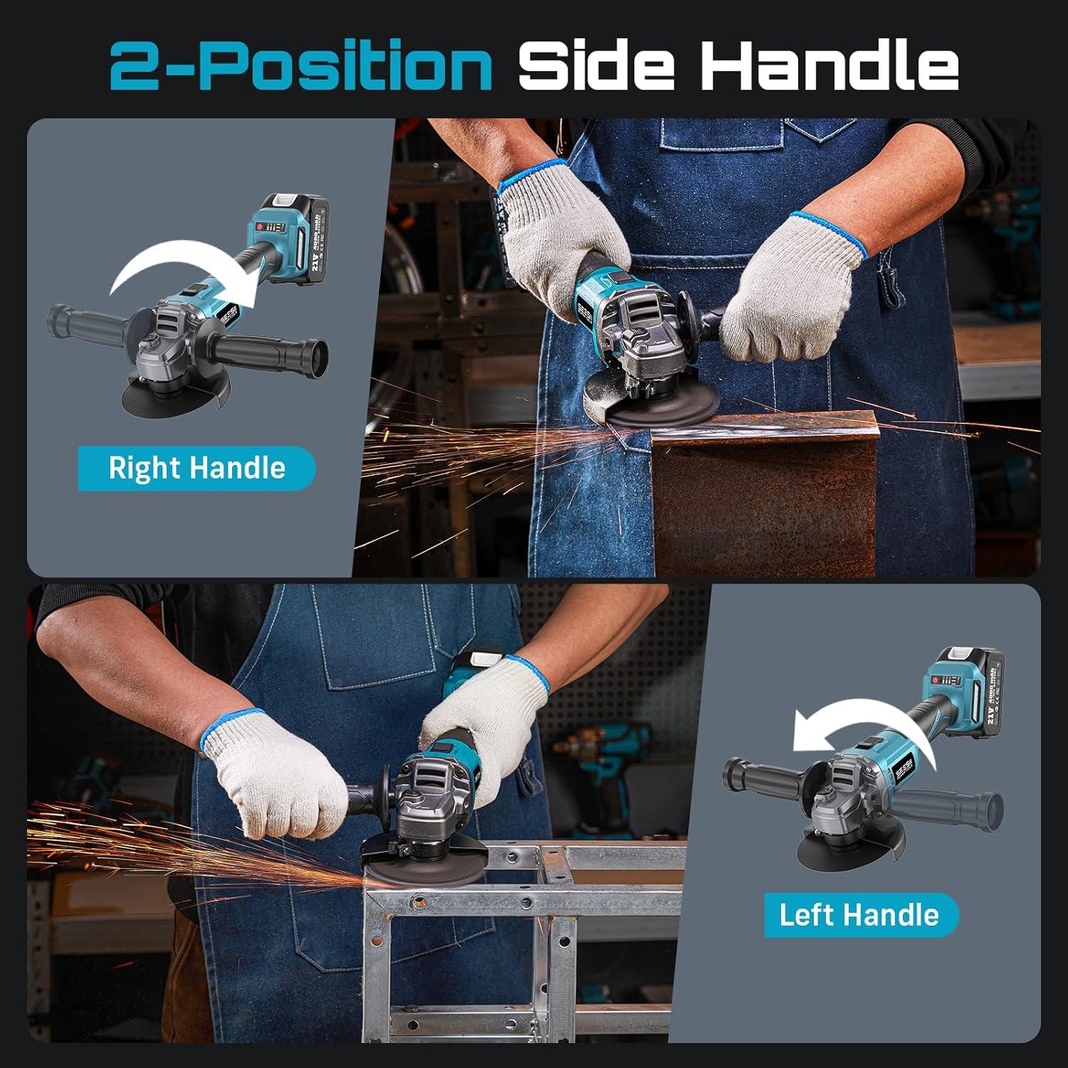 imageSEESII Cordless Angle Grinder 412 Inch 21V Brushless Battery Grinder Tool with 2X 40Ah Batteries 10000RPM for Metal Cutting Grinding Polishing Rust Removal BlueBlue