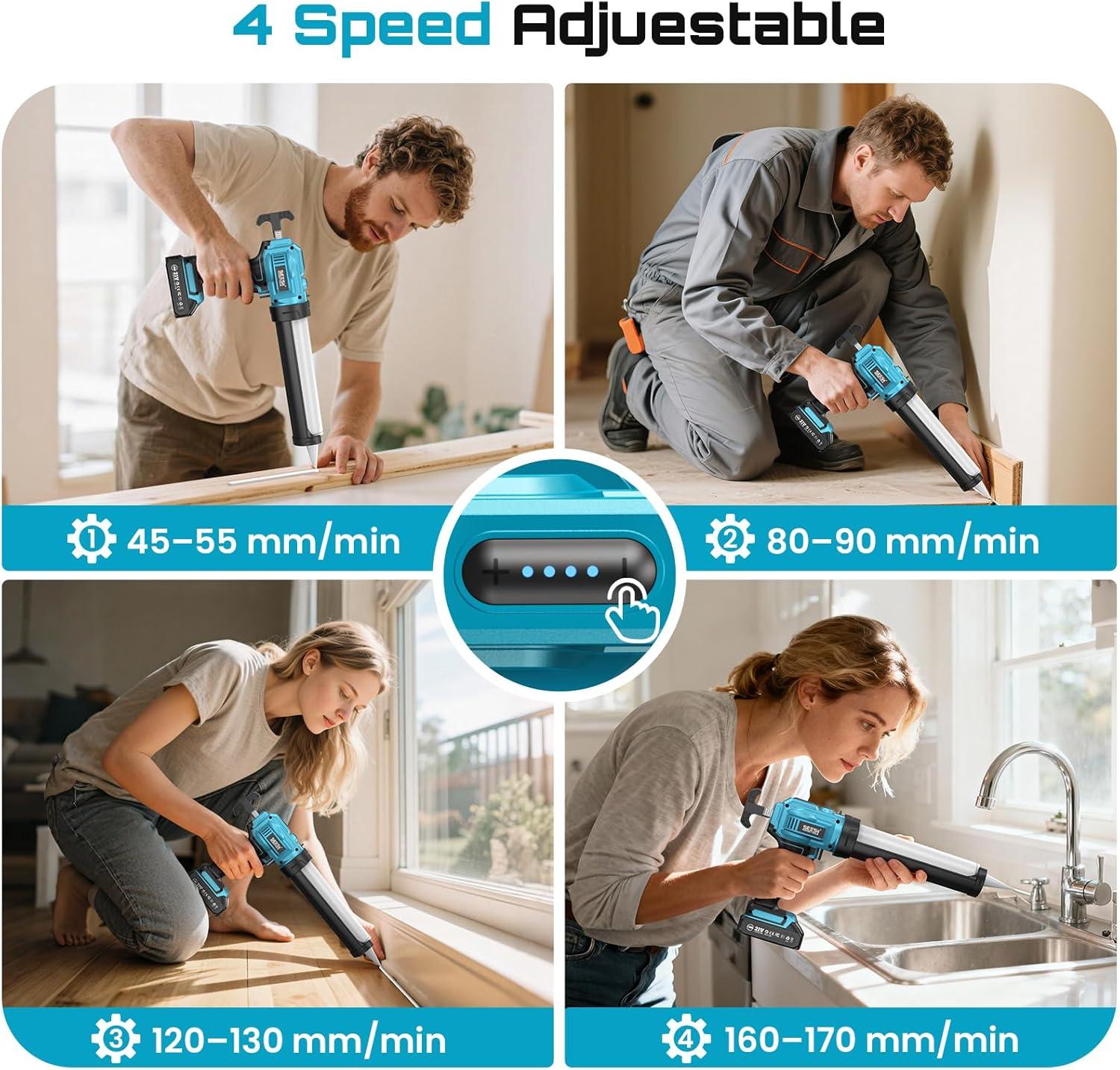 imageSEESII Cordless Caulking Gun 21V Battery Powered Caulk Gun Electric Caulking Gun w2 x 20Ah Batteries 9Pcs Caulk Remover Tool LED Light Auto Retract for Filling Sealing Blue