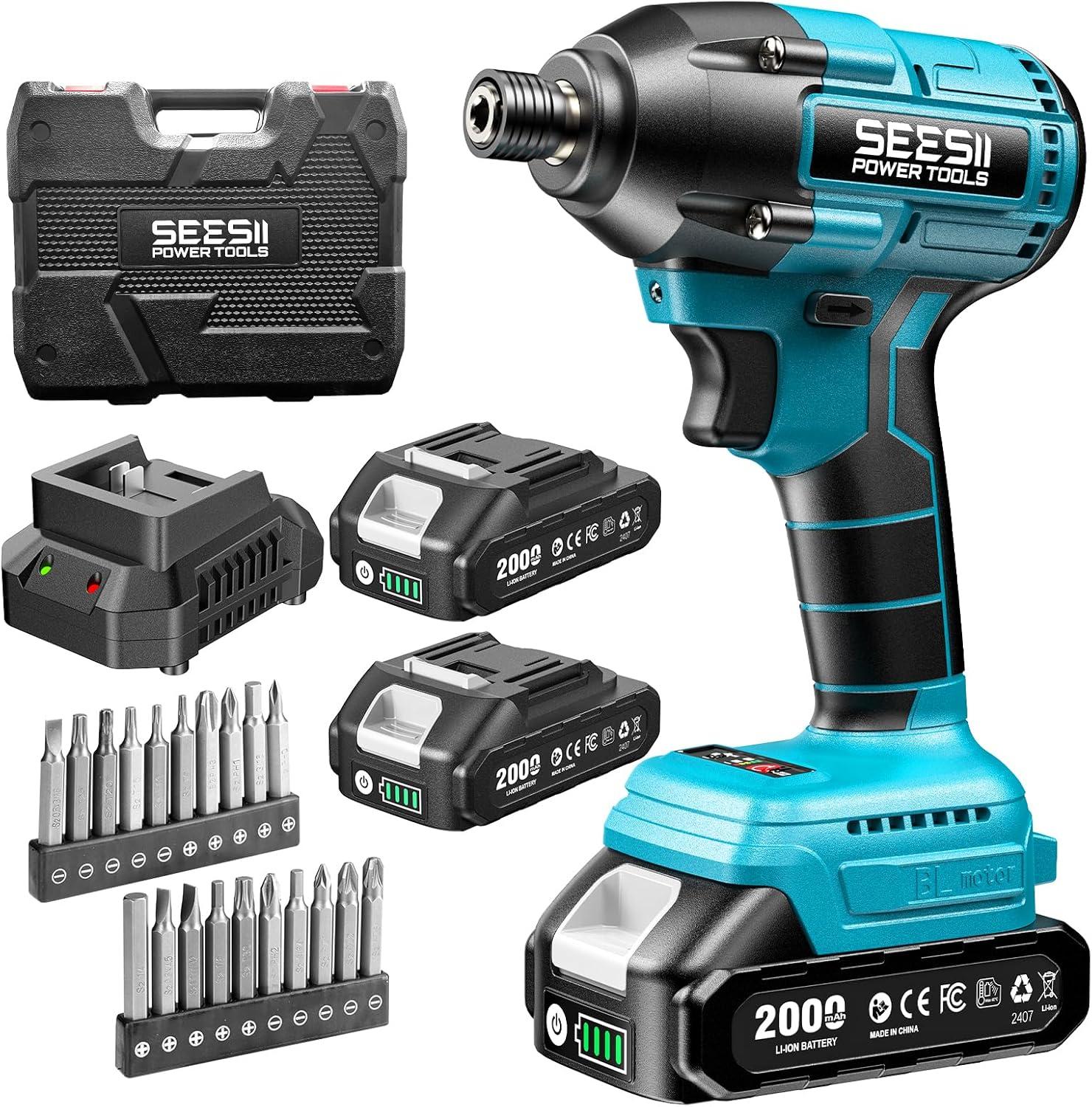 imageSEESII Cordless Impact Driver Kit 21V Max Torque 1590 Inlbs180 Nm Impact Driver Set with Two 20 Ah Batteries 14quot Hex Chuck Power Impact Driver w 20 Pcs Drill Bits 02500 RPM Variable Speed