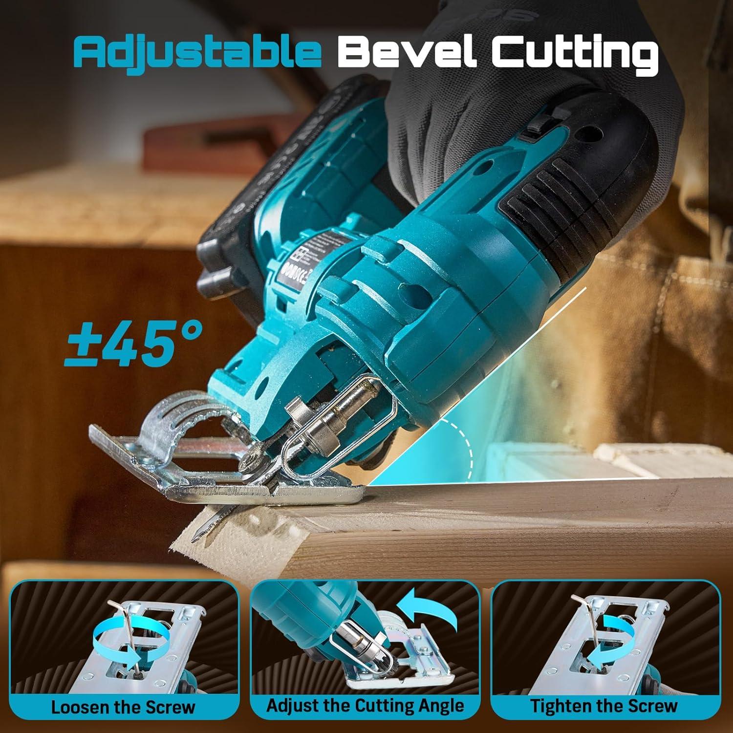 imageSEESII Cordless Jig Saw 21V Electric Jigsaw Tool with 2 20Ah Batteries 2800RPM Variable Speed for Wood Cutting 045 Bevel Cuts LED Light 4 Orbital Settings for StraightCurveCircle CuttingBlue
