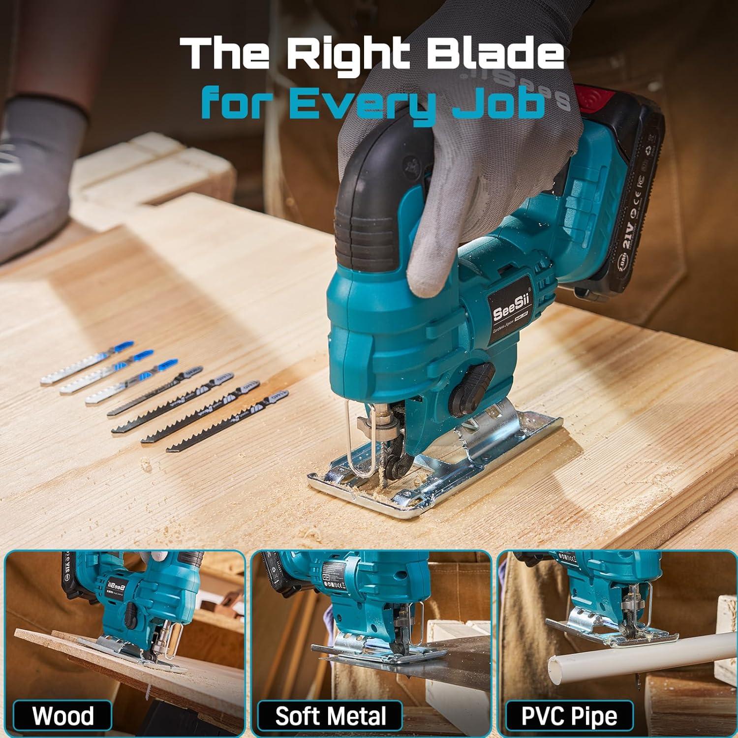 imageSEESII Cordless Jig Saw 21V Electric Jigsaw Tool with 2 20Ah Batteries 2800RPM Variable Speed for Wood Cutting 045 Bevel Cuts LED Light 4 Orbital Settings for StraightCurveCircle CuttingBlue