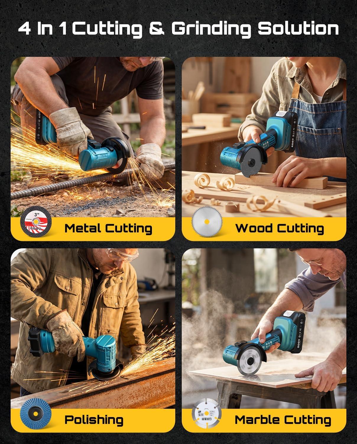 imageSEESII Cordless Mini Angle Grinder 3Inch Brushless Angle Grinder 19000 RPM with 2pcs 21V 20Ah Batteries 7pcs Cutting Discs 210W Power Electric Grinder Tool for Metal Wood Polishing Rust Removal21V2X 20AH Battery