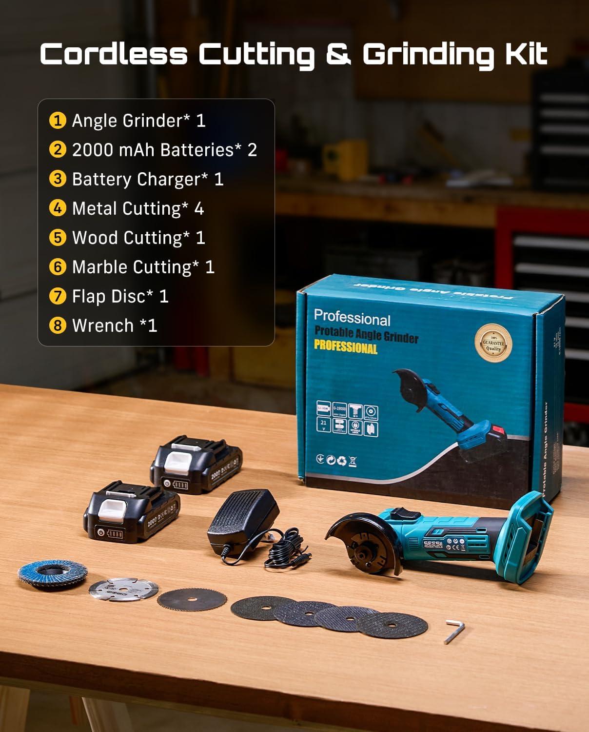 imageSEESII Cordless Mini Angle Grinder 3Inch Brushless Angle Grinder 19000 RPM with 2pcs 21V 20Ah Batteries 7pcs Cutting Discs 210W Power Electric Grinder Tool for Metal Wood Polishing Rust Removal21V2X 20AH Battery