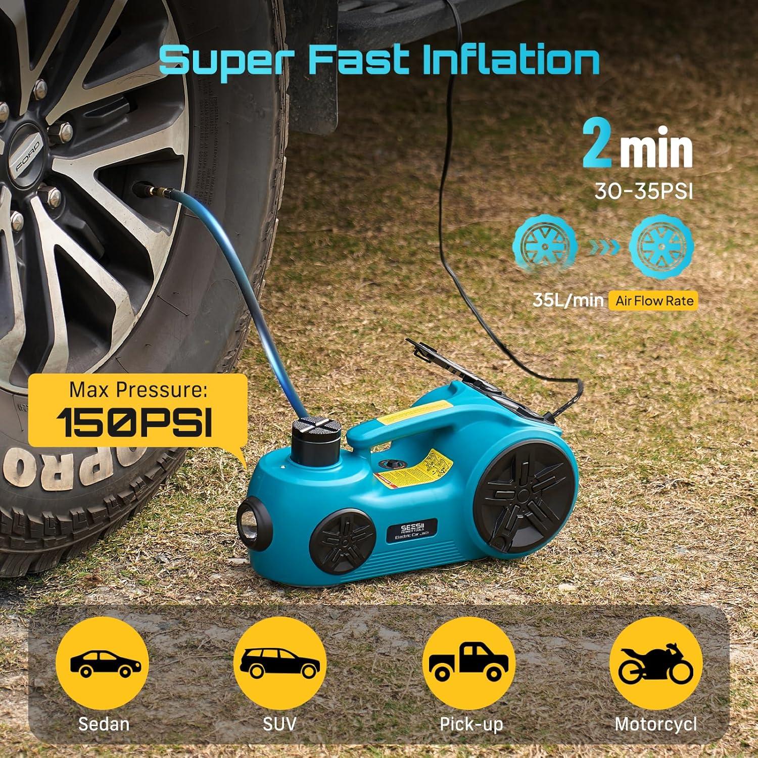imageSEESII Electric Car Jack Kit 5 Ton 12V Hydraulic car Jack with Impact Wrench and Tire Inflator Pump 177 Inch Lift Range 3in1 Floor Jack Lift for SUV MPV Sedan Truck Change Tires Garage Repairblue