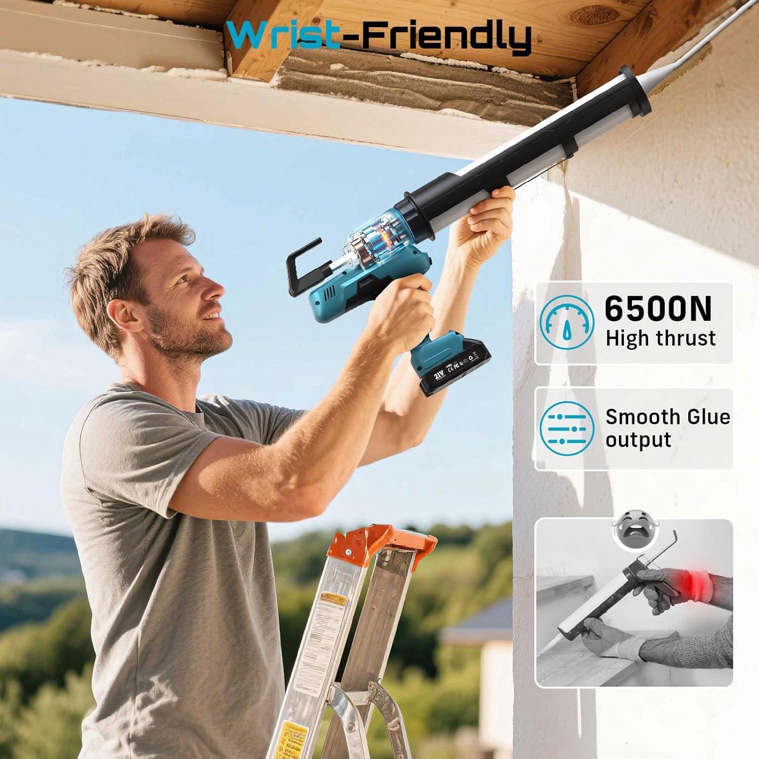 imageSEESII Electric Caulking Gun 29oz Cordless Caulk Gun with a 2000mAh Battery Stepless Speed AntiDrip Led Light Battery Powered Caulking Gun for Filling Sealing Sky Blue29oz