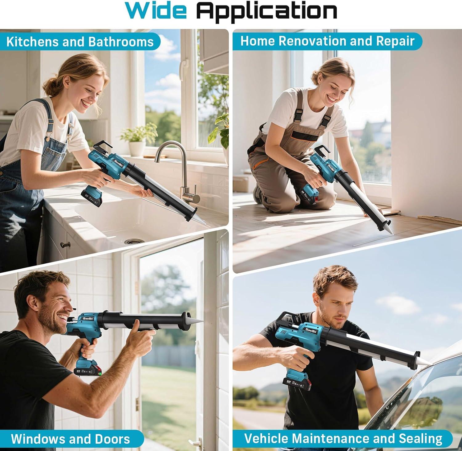 imageSEESII Electric Caulking Gun 29oz Cordless Caulk Gun with a 2000mAh Battery Stepless Speed AntiDrip Led Light Battery Powered Caulking Gun for Filling Sealing Sky Blue29oz