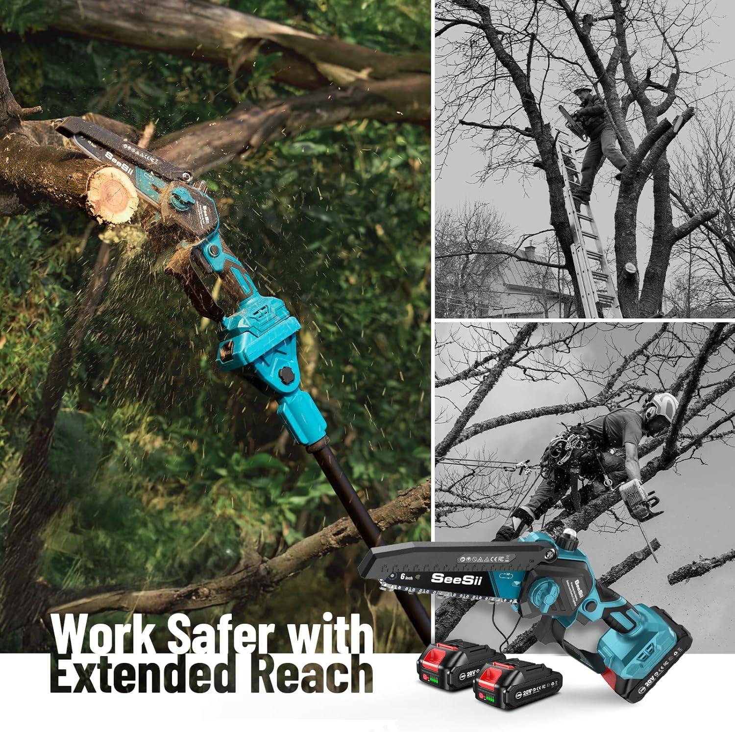 imageSEESII P6 UltraAce 2in1 Electric Pole Saws6 Inch Mini Chainsaw Cordless with Extension Pole2Pcs BatteriesBrushless Chain Saw for Limb Branch CutterBattery Tree Trimmers Pruner16Ft Long Reach