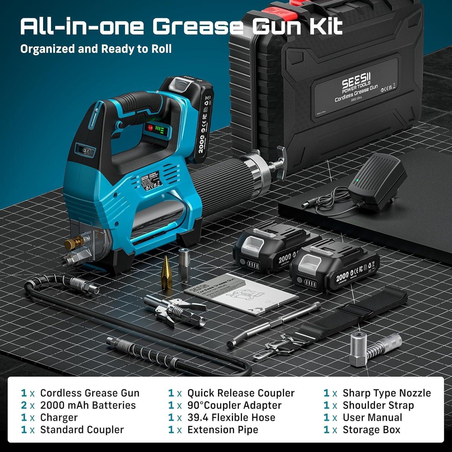 imageSeesii 10000PSI Electric Grease Gun 3 Speed Control Battery Powered Grease Gun Cordless with 2 Batteries Brushless Motor 394 Long Hose 90 Degree Coupler ampamp LED Light for Heavy Duty EquipmentBlue