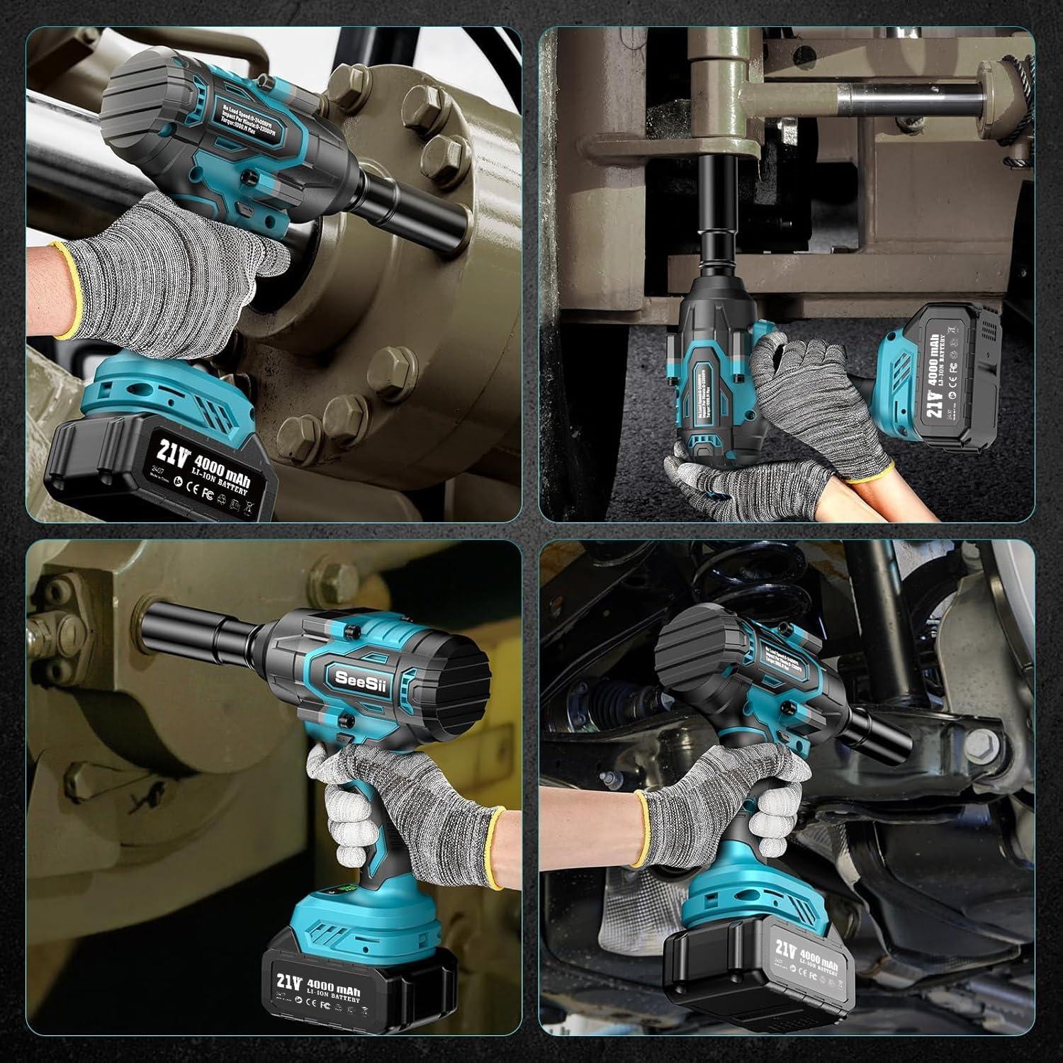 imageSeesii 1000Nm 738ftlbs Cordless Impact Wrench High Torque12quot Brushless Impact Gun wTwo 40Ah BatteryFast Charger 5 Sockets ampamp Storage Case Electric Impact Wrench for Car TruckWH760Blue