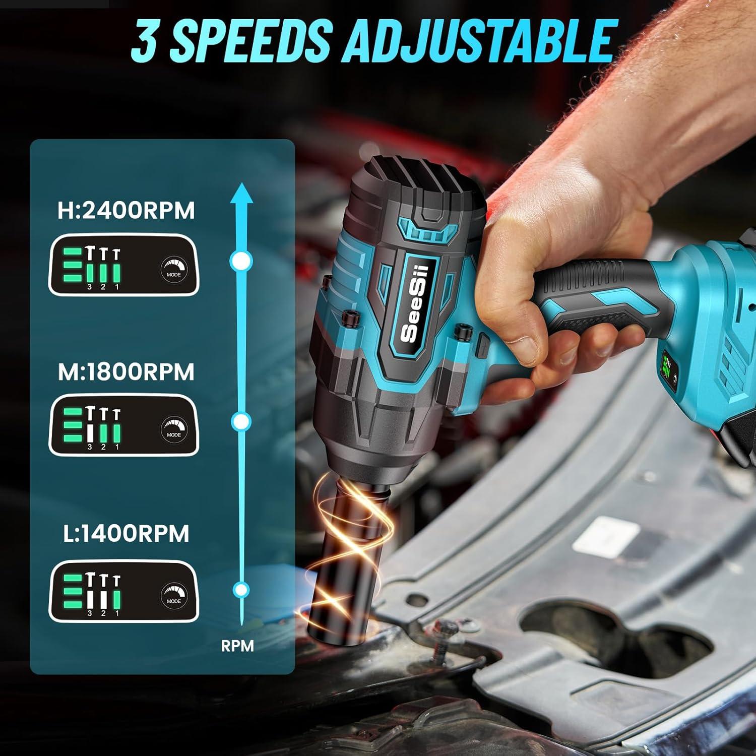 imageSeesii 1000Nm 738ftlbs Cordless Impact Wrench High Torque12quot Brushless Impact Gun wTwo 40Ah BatteryFast Charger 5 Sockets ampamp Storage Case Electric Impact Wrench for Car TruckWH760Blue