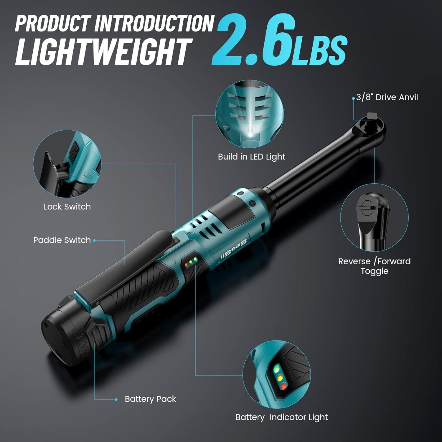 imageSeesii 38quot Long Neck Ratchet Wrench 40Ftlbs 6quot Extended Cordless Ratchet Wrench Kit w 2x20Ah Batteries ampamp Fast Charge 220RPM Variable Speed Ratcheting Wrench w 7 Sockets RT400B