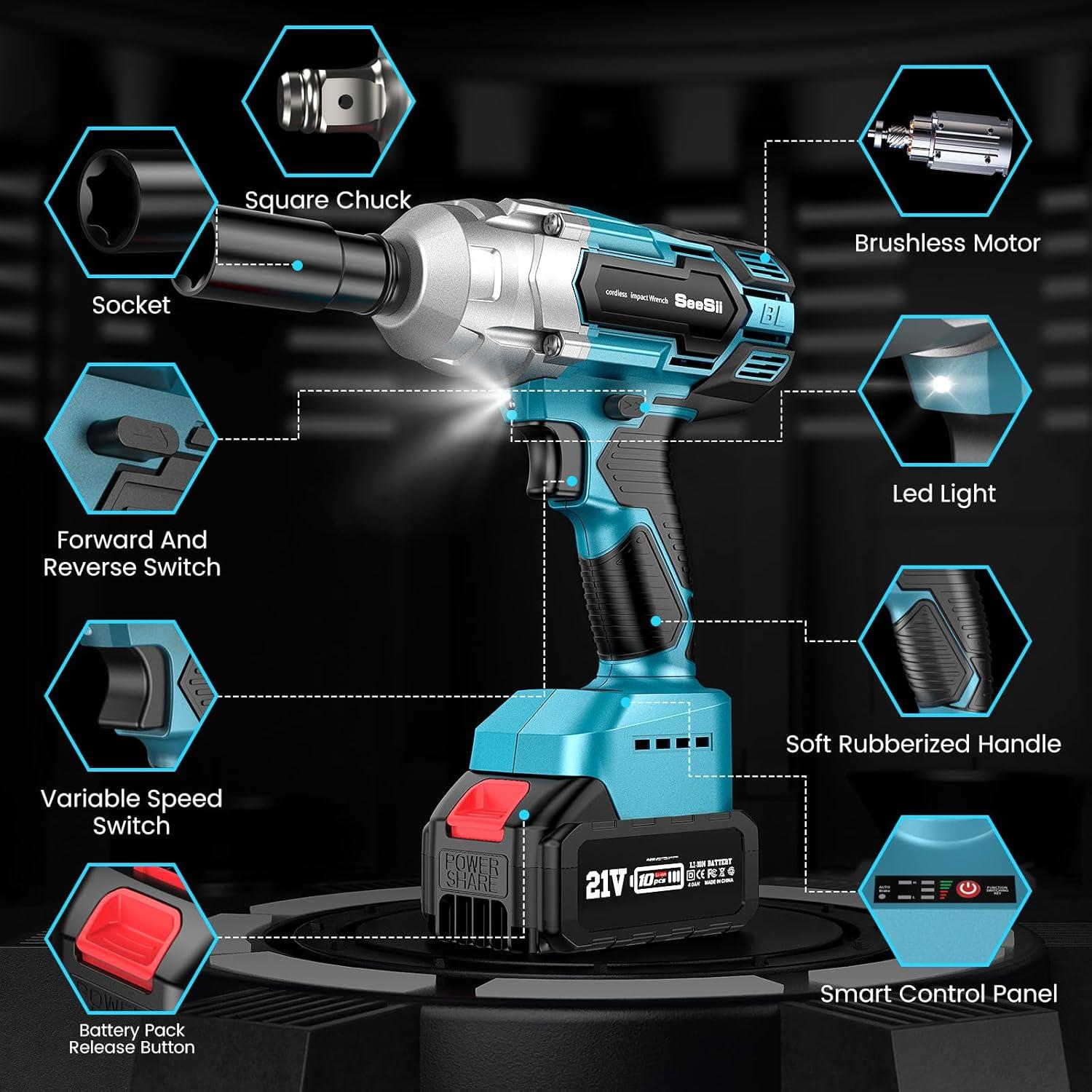 imageSeesii Cordless Impact Wrench 12 inch High Torque 479 Ftlbs650Nm Brushless Impact Gun2500RPM w2x40 Battery 6 Sockets8 Drill Bits High Torque Power Impact Driver for Car HomeWH700650Nm