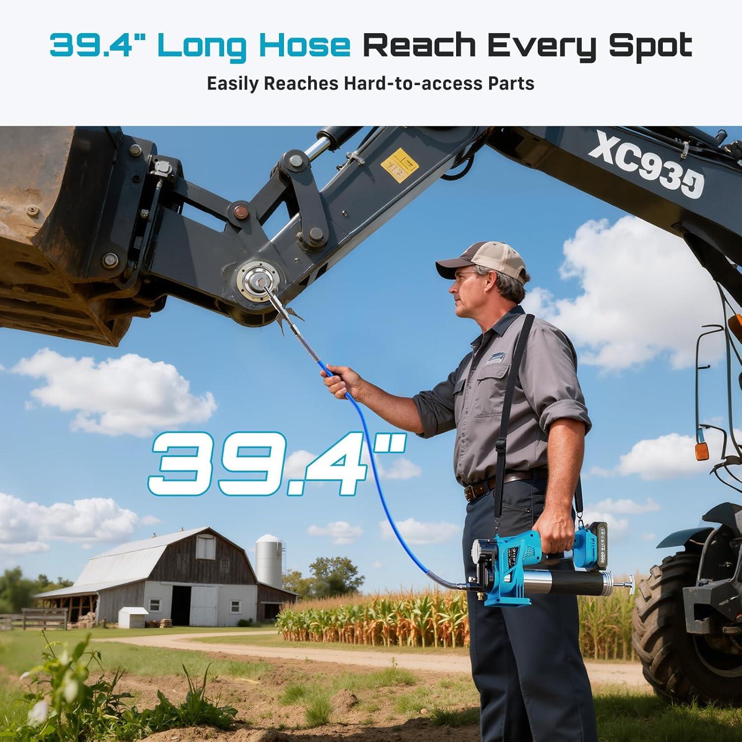 imageSeesii Electric Grease Gun Kit HighPerformance 10000PSI 46 ozmin Battery Powered Grease Gun Cordless with 2 Batteries 394quot Long Hose 90 Degree Coupler 3 Tips for Faster and Effortless GreasingBlue