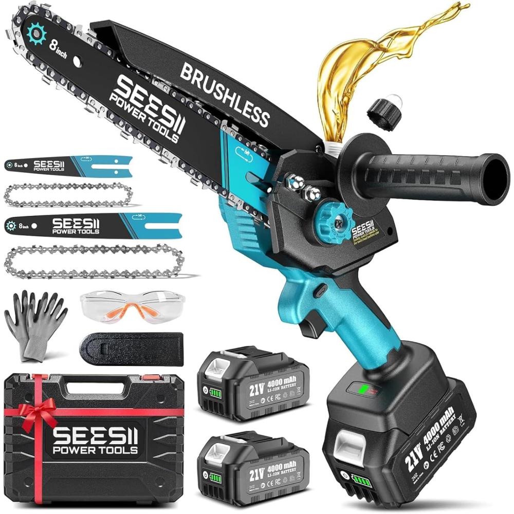 imageMini Chainsaw Cordless 8 inch Electric Chainsaw Battery Powered Brushless Chain Saw with Auto Oiler 2pcs Battery Handheld Saw for Tree Branch Wood CuttingGardening Tools for Men Dad HusbandBlue68 inch24000mAh Batteries