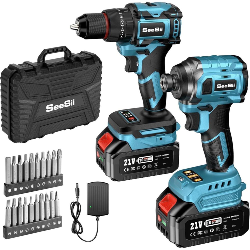 imageSEESII 21V Max Cordless Drill and Impact Driver Power Tool Combo Kit Included 38 Drill ampamp 14 Impact Driver 2x 4000mAh Battery Fast Charger 20 pcs Driver Bit Set ampamp BagBlue 21
