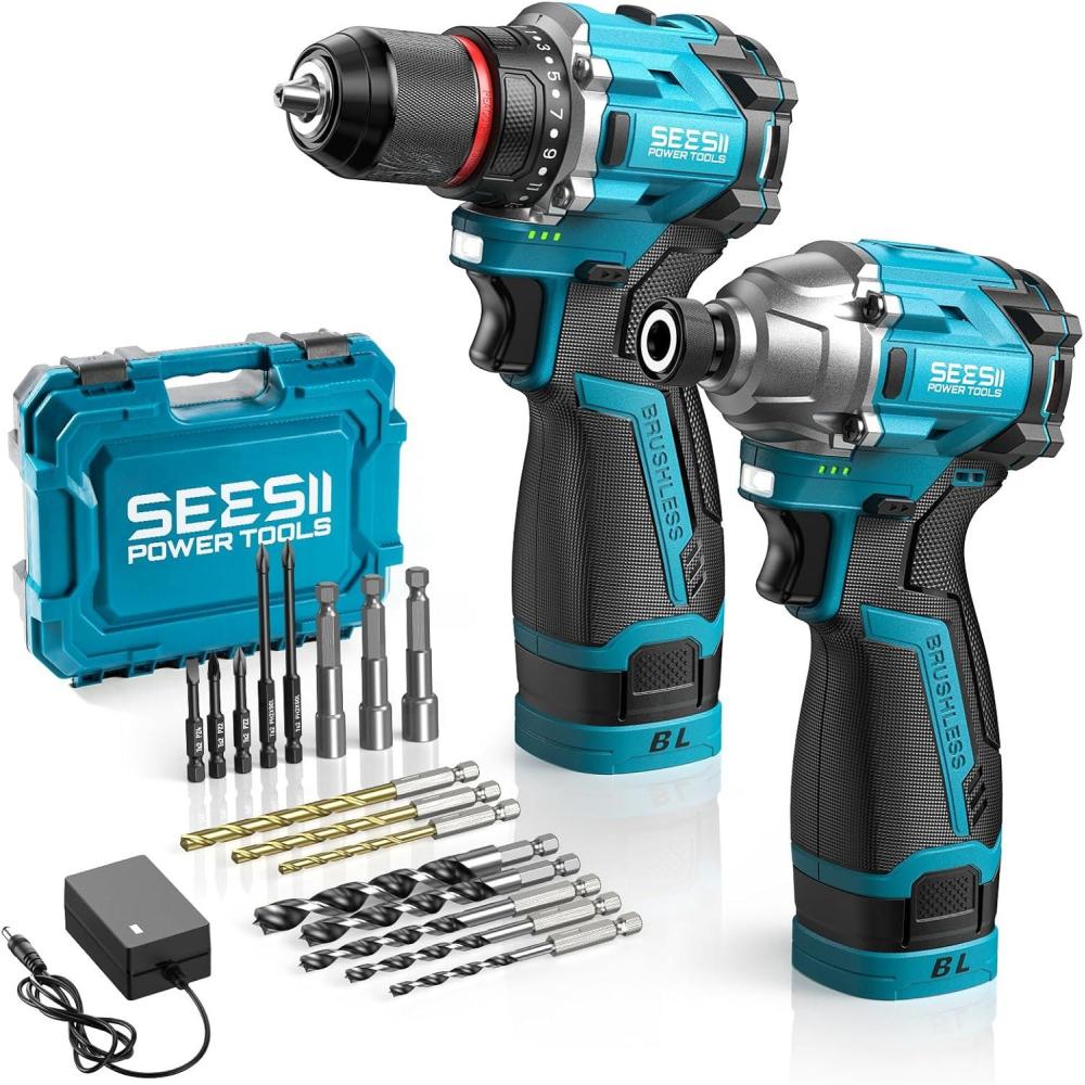 imageSEESII 21V Max Cordless Drill and Impact Driver Power Tool Combo Kit Included 38 Drill ampamp 14 Impact Driver 2x 4000mAh Battery Fast Charger 20 pcs Driver Bit Set ampamp BagBlue