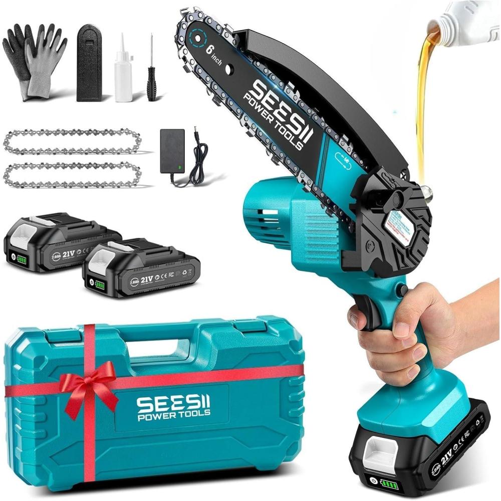 imageSEESII 2in1 Electric Pole Saws for Tree Trimming 6 Inch Mini Chainsaw Cordless with Extension Pole Battery Powered Pole Chain Saw Tree Trimmer Limb Branch Cutter Pruner with 2 Battery PS600Blue6 Inch Saw