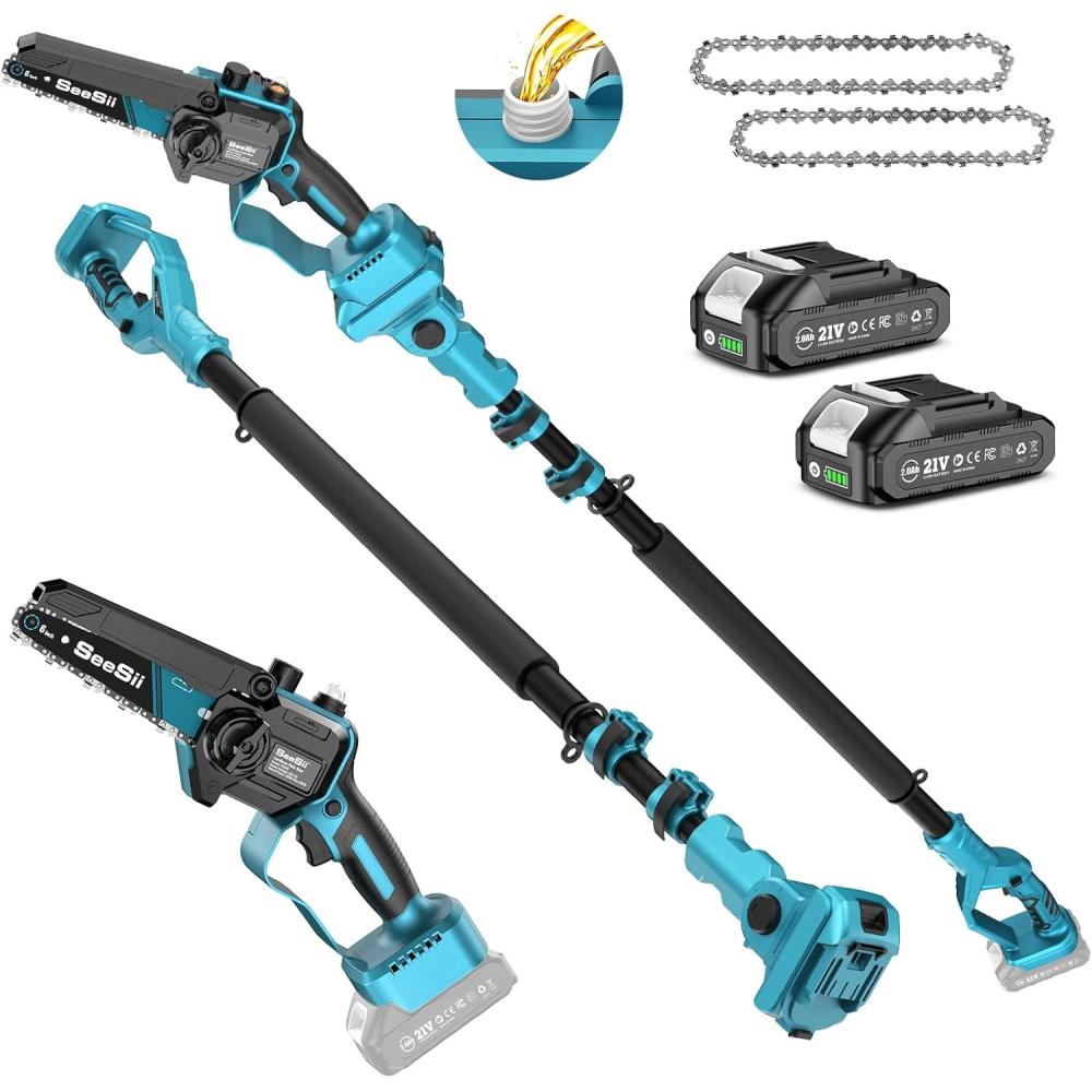 imageSEESII 2in1 Electric Pole Saws for Tree Trimming 6 Inch Mini Chainsaw Cordless with Extension Pole Battery Powered Pole Chain Saw Tree Trimmer Limb Branch Cutter Pruner with 2 Battery PS600Blue2000mah2000mah