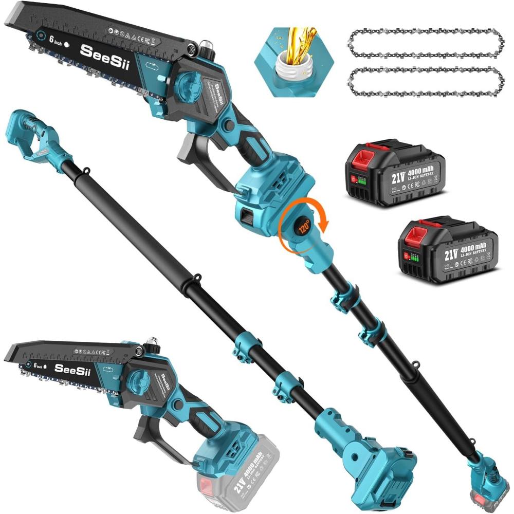 imageSEESII 2in1 Pole Saws for Tree Trimming Electric Mini Chainsaw 6 Inch Cordless 2 x 4000mAh Batteries Tree Pruner Brushless Chain Saw with Extension Pole for Limb Branch Cutter16Ft Reach