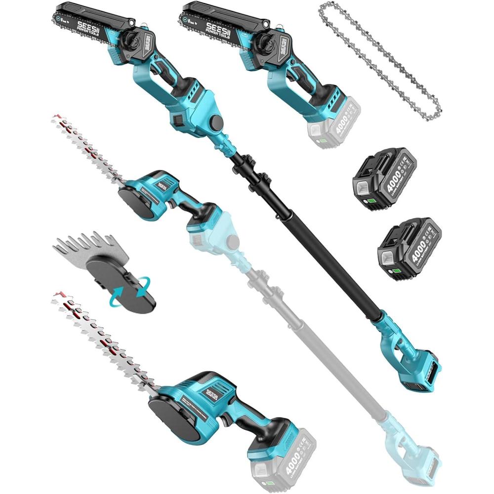 imageSEESII 4in1 Pole Saw ampamp Pruning Shears Combo Kit 6 Inch Mini Chainsaw for Tree Trimming Battery Powered Chain Saw with Extension Pole Limb Branch Cutter Pruner with 2 x 4000mAh Batteriespolesaw hedge trimmer