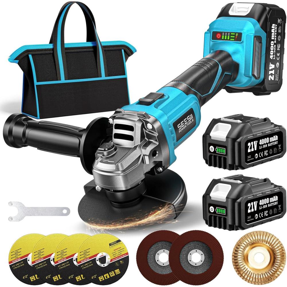 imageSEESII Cordless Angle Grinder 412 Inch 21V Brushless Battery Grinder Tool with 2X 40Ah Batteries 10000RPM for Metal Cutting Grinding Polishing Rust Removal BlueBlue