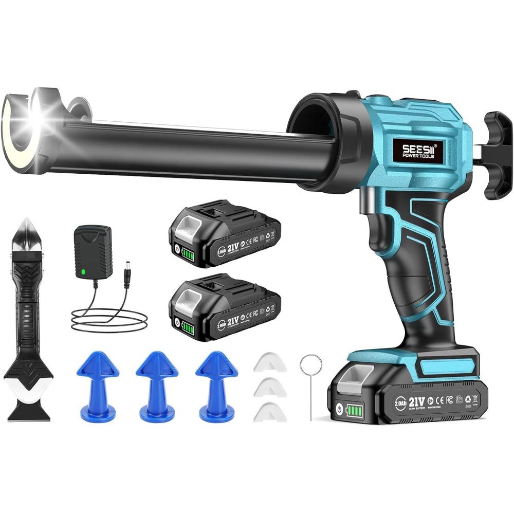 imageSEESII Cordless Caulking Gun 21V Battery Powered Caulk Gun Electric Caulking Gun w2 x 20Ah Batteries 9Pcs Caulk Remover Tool LED Light Auto Retract for Filling Sealing Blue