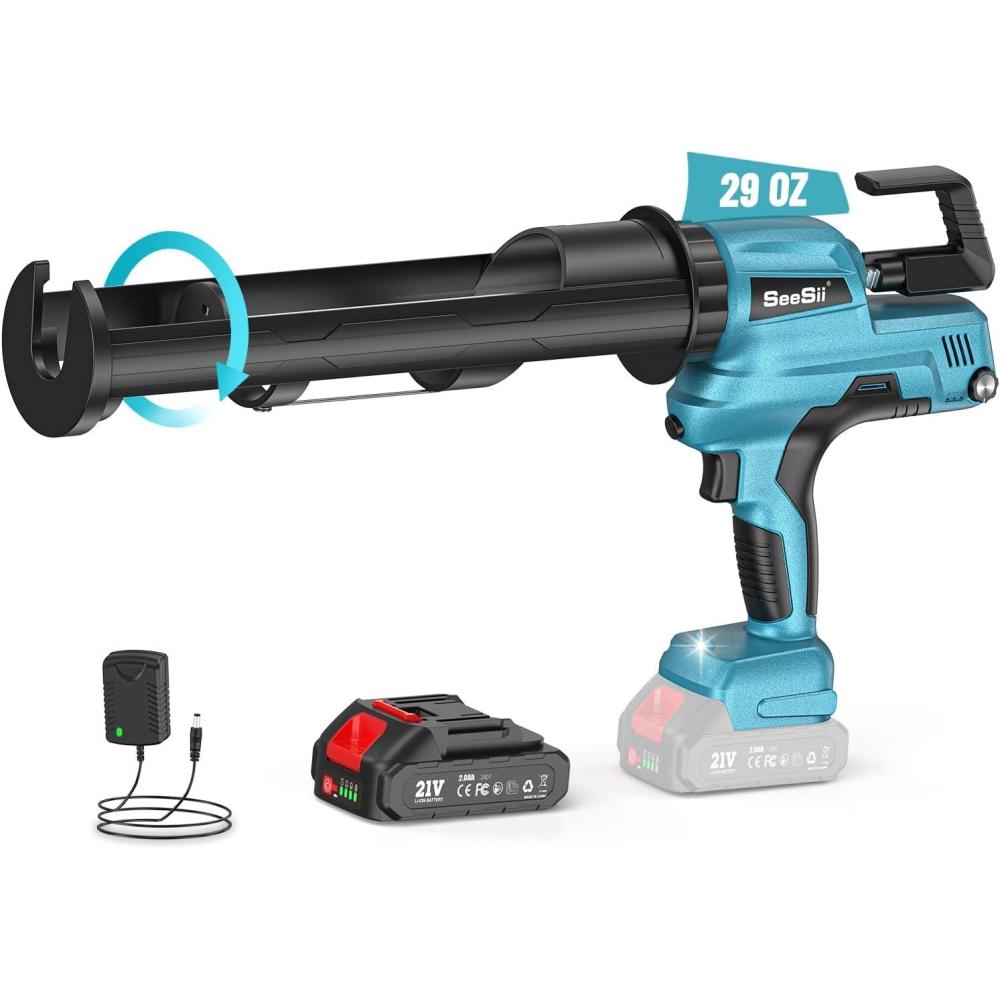 imageSEESII Electric Caulking Gun 29oz Cordless Caulk Gun with a 2000mAh Battery Stepless Speed AntiDrip Led Light Battery Powered Caulking Gun for Filling Sealing Sky Blue29oz