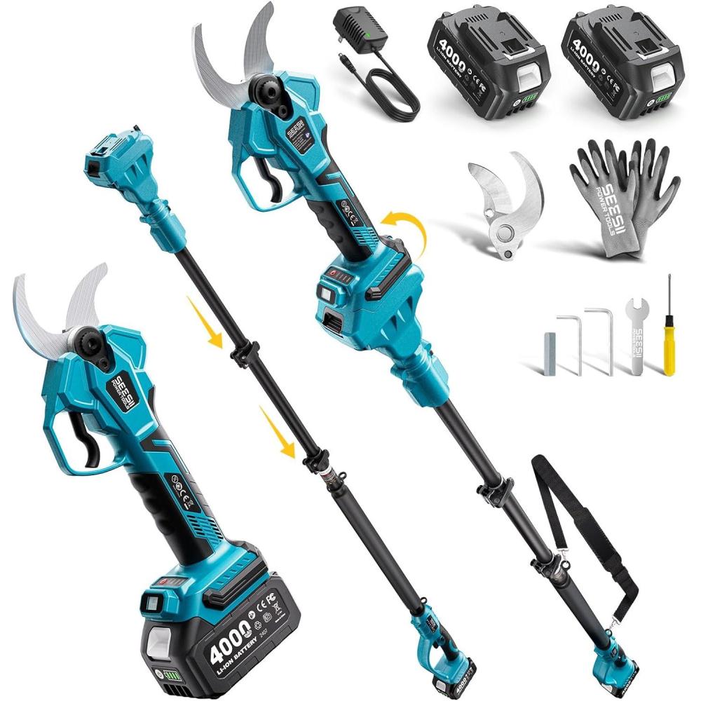 imageSEESII Electric Pruning Shears Cordless 16quot Cutting Diameter Power Pruner 2 Pcs 40Ah Batteries Brushless Motor Extra SK5 Blade 4 Modes Adjustable Branch Cutter for Tree Flower Trimming16 Electric Pruner with Pole