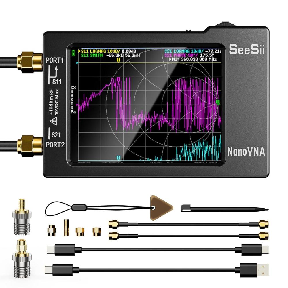 imageSEESII NanovnaH Vector Network Analyzer with SMA Adapter HW36 10KHz15GHz MF HF VHF UHF Antenna Analyzer Measuring S Parameters Voltage Standing Wave RatioPhaseDelaySmith ChartColor NanovnaH with SMA Adapter