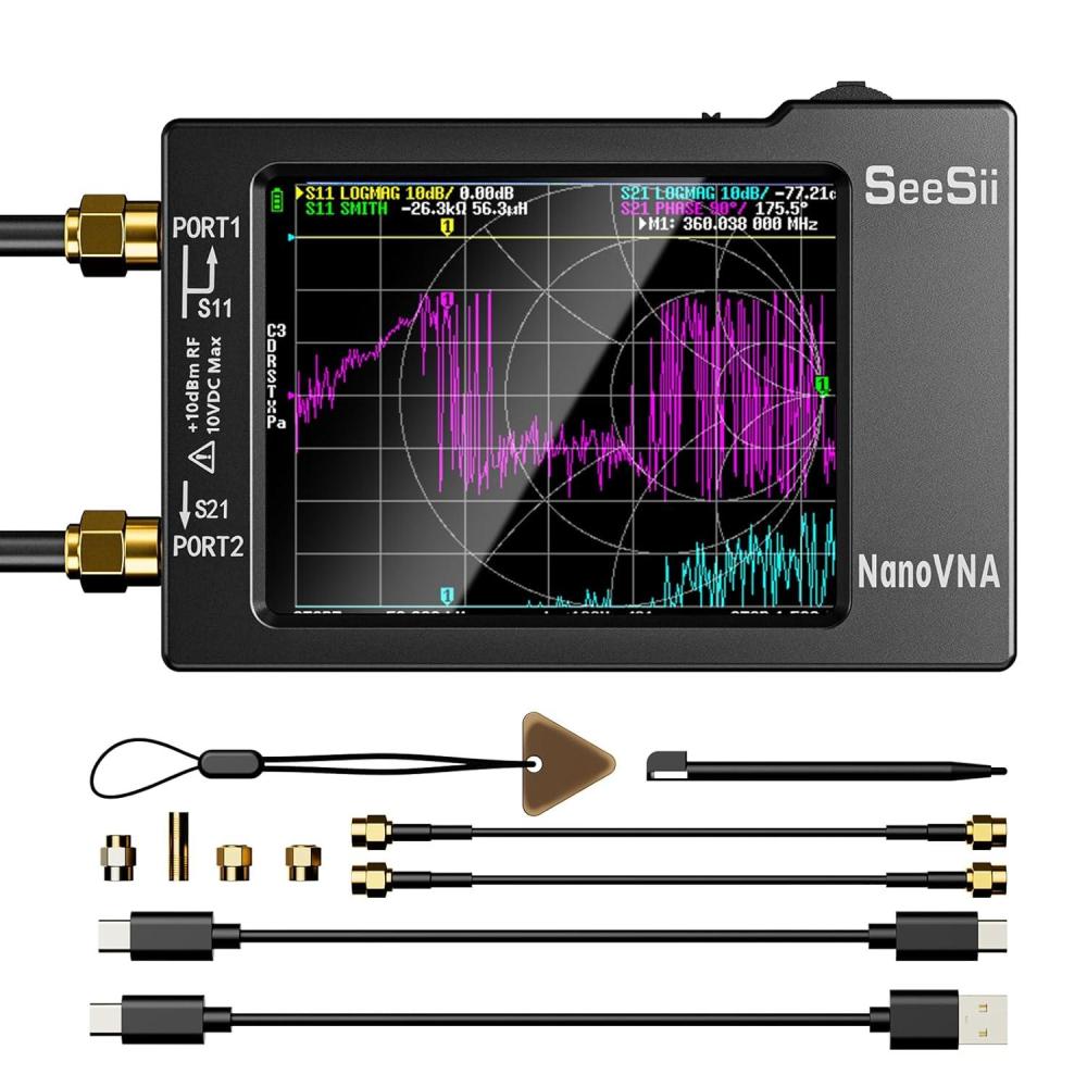 imageSEESII NanovnaH Vector Network Analyzer with SMA Adapter HW36 10KHz15GHz MF HF VHF UHF Antenna Analyzer Measuring S Parameters Voltage Standing Wave RatioPhaseDelaySmith ChartNanovnaH
