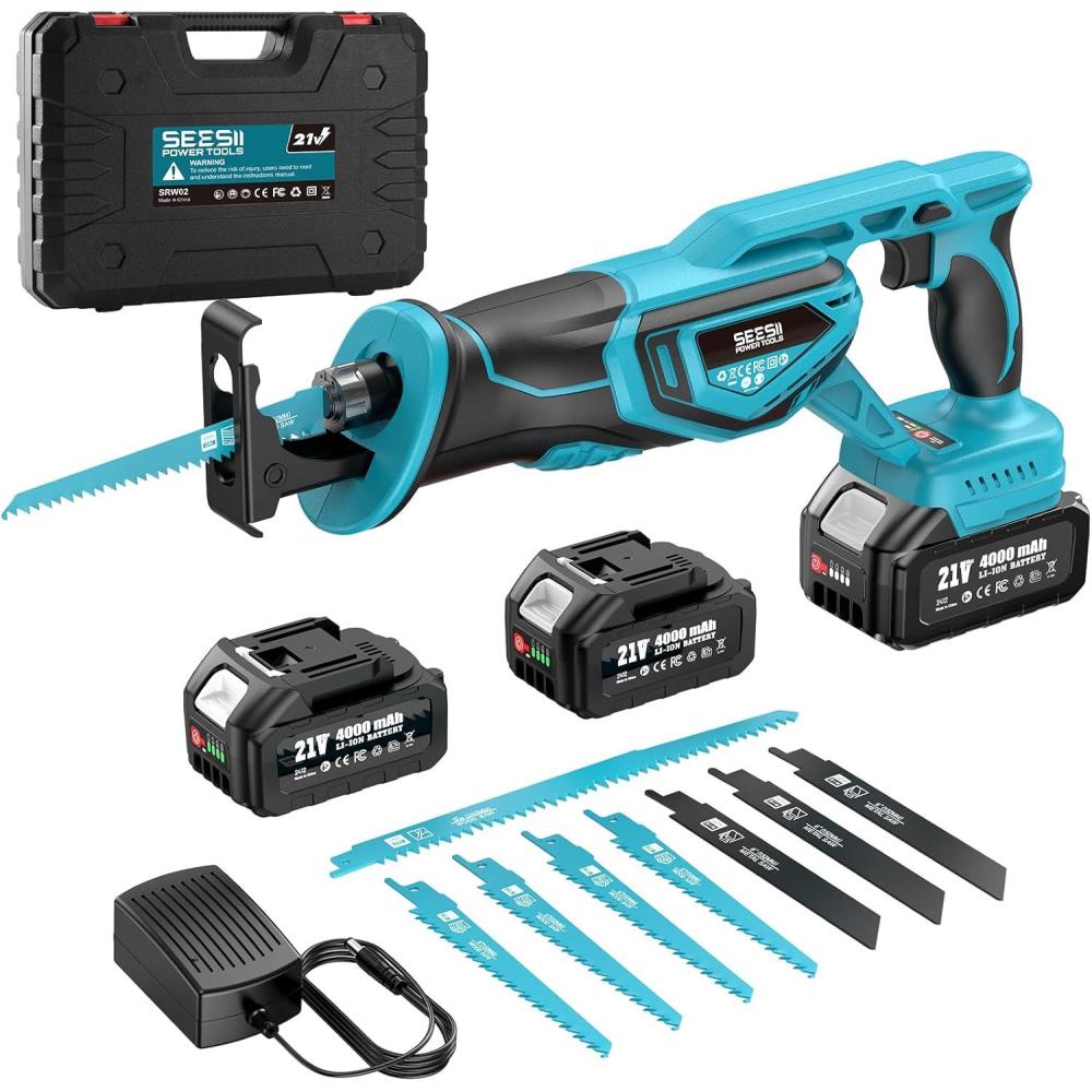imageSEESII Reciprocating Saw Cordless Variable Speed 3500 RPM Brushless Motor with 8 Saw Blades 2 x 40Ah Batteries LED Light ToolFree Blade Change Portable for Wood PVC CuttingDark Blue