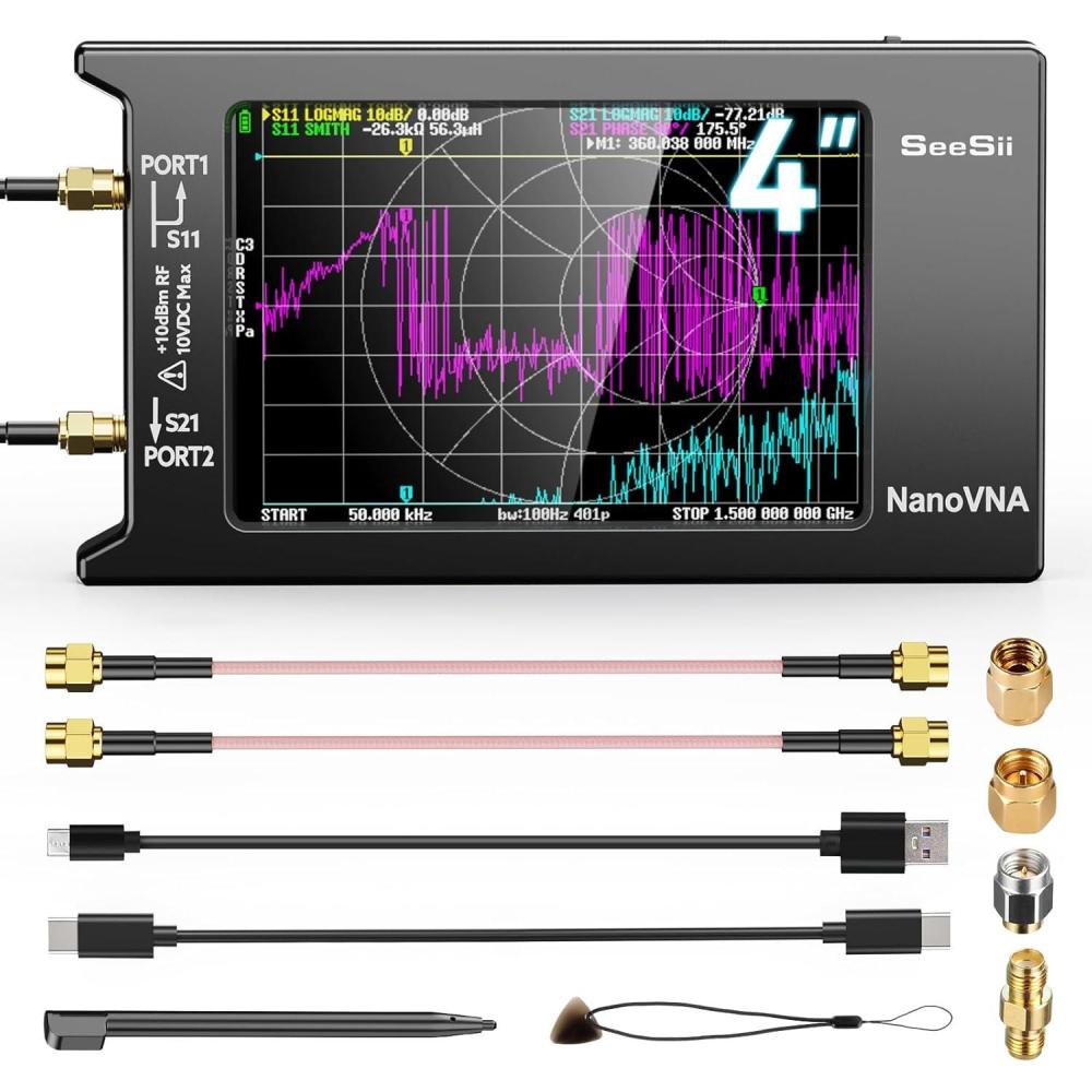 imageSEESII Upgraded NanoVNAH4 Vector Network Analyzer Latest V44 9KHz15GHz HF VHF UHF 4quot Touch Screen VNA Antenna Analyzer Measures S ParametersVoltage Standing Wave Ratio PhaseDelay Smith ChartNanovna H4