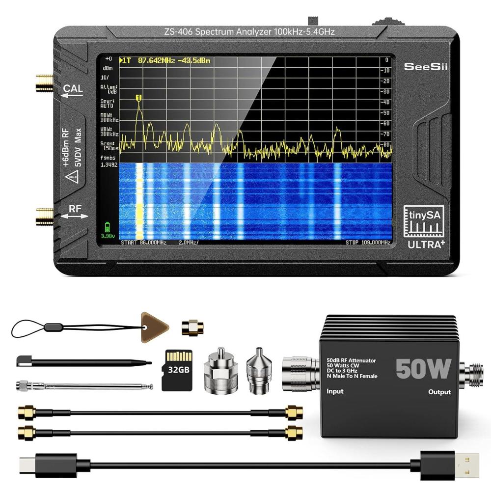 imageSeeSii TinySA Ultra ZS406 Spectrum Analyzer 40 Inch 100kHz to 54GHz Handheld Tiny Frequency Analyzer with 32Gb Card 2in1 Signal Generator MFHFVHF UHF InputV04612025 UpgradedWith 50W Attenuator