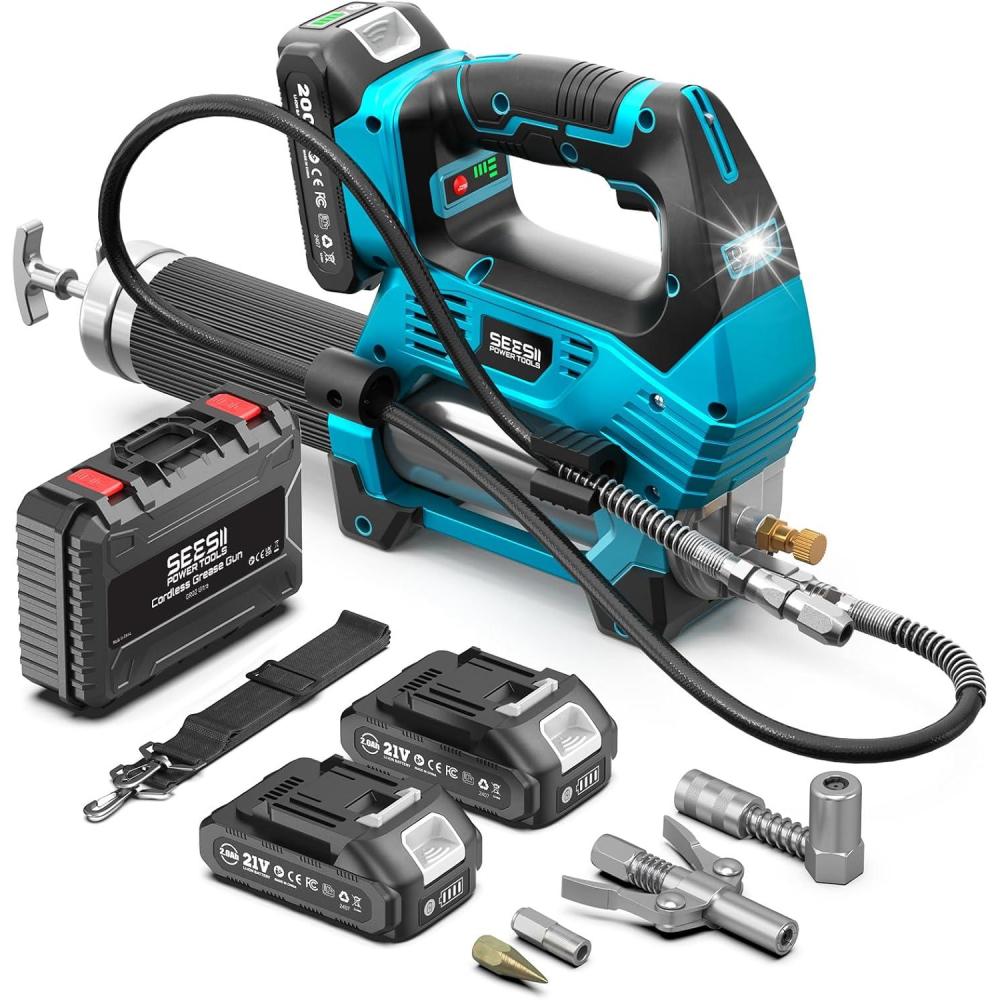 imageSeesii 10000PSI Electric Grease Gun 3 Speed Control Battery Powered Grease Gun Cordless with 2 Batteries Brushless Motor 394 Long Hose 90 Degree Coupler ampamp LED Light for Heavy Duty EquipmentBlue
