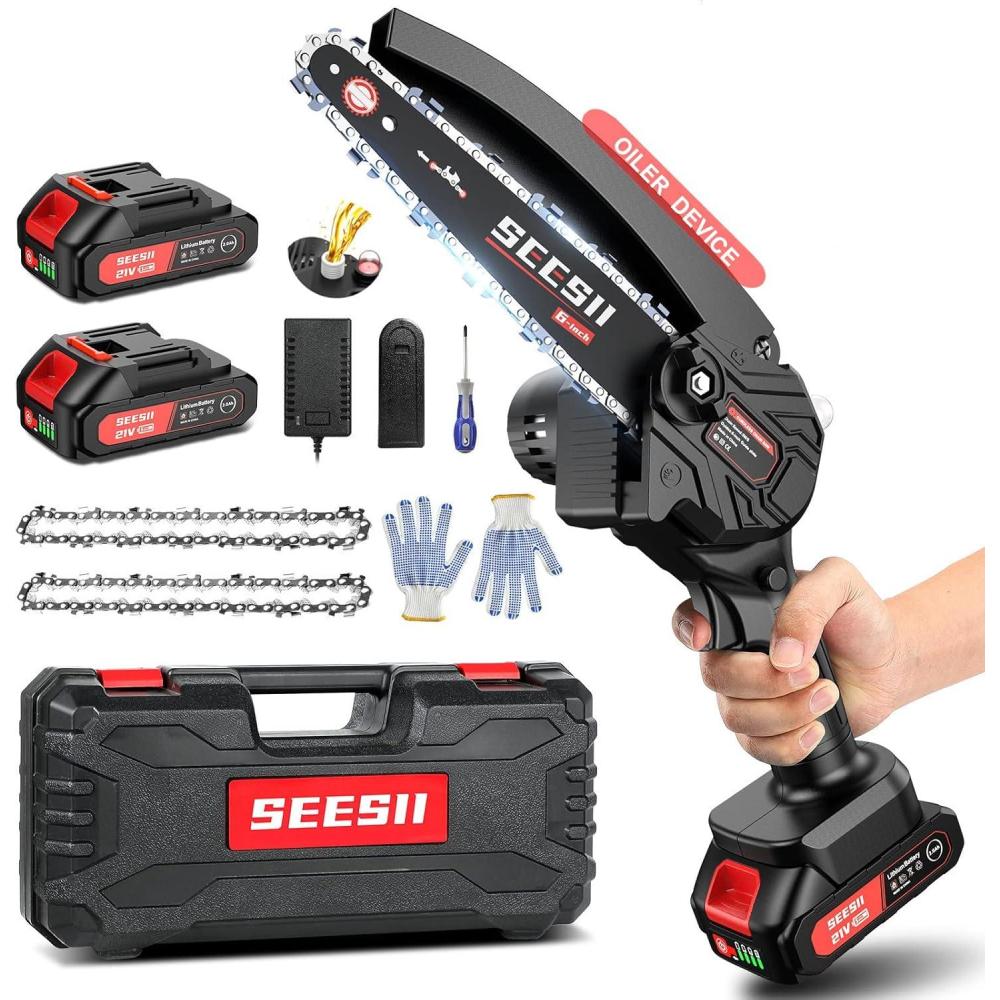 imageSeesii 2 in 1 Cordless 8 inch Pole Saw ampamp Mini Chainsaw with 2 Battery Power Electric Polesaw for Tree Trimming Chain Saw with Extension Pole Limb Branch Cutter Pruner PS800Black