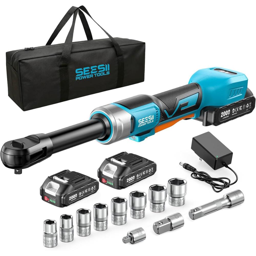 imageSeesii 38quot Cordless Electric Ratchet Wrench 60 ftlbs 80Nm High Torque 21V Max 220Ah Batteries 0300 RPM Variable Speed Fast Charger 1017mm Socket Set Extension Bar ampamp Carry CaseExtended 6 Inch