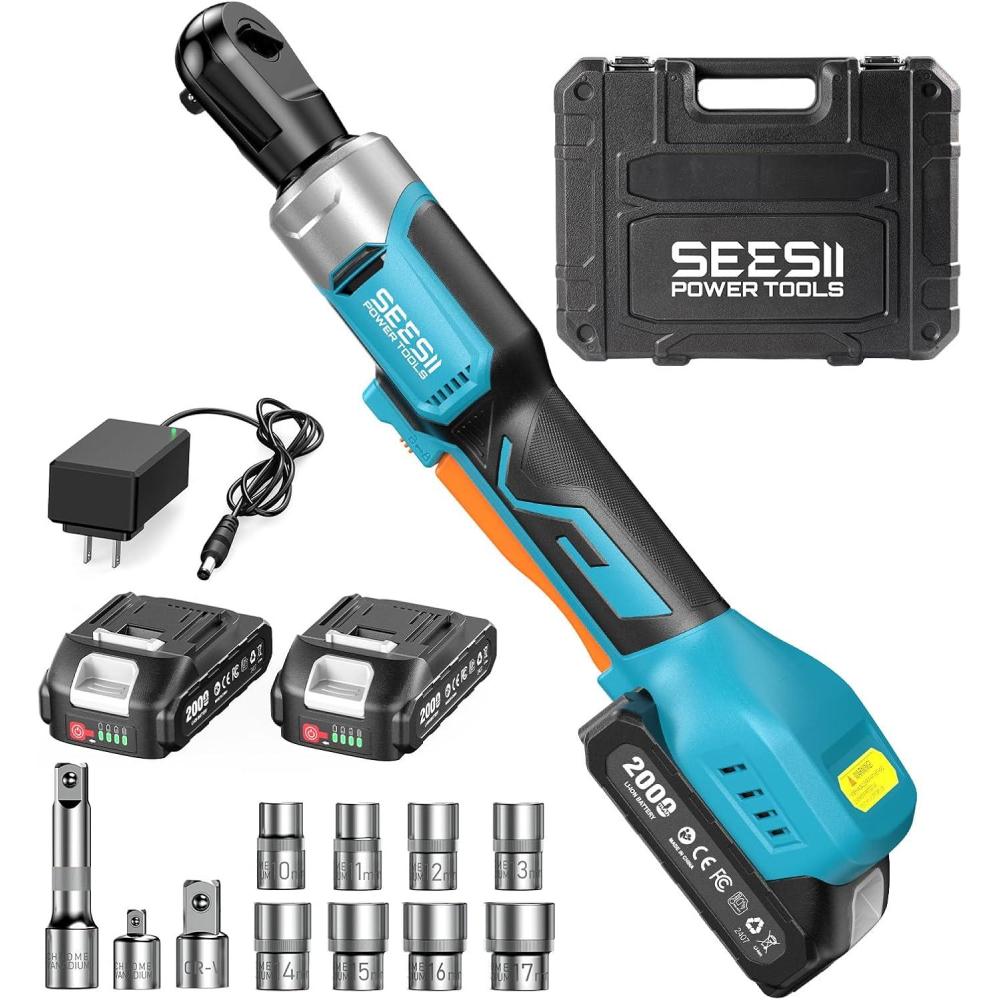 imageSeesii 38quot Cordless Electric Ratchet Wrench 60 ftlbs 80Nm High Torque 21V Max 220Ah Batteries 0300 RPM Variable Speed Fast Charger 1017mm Socket Set Extension Bar ampamp Carry Case2 in