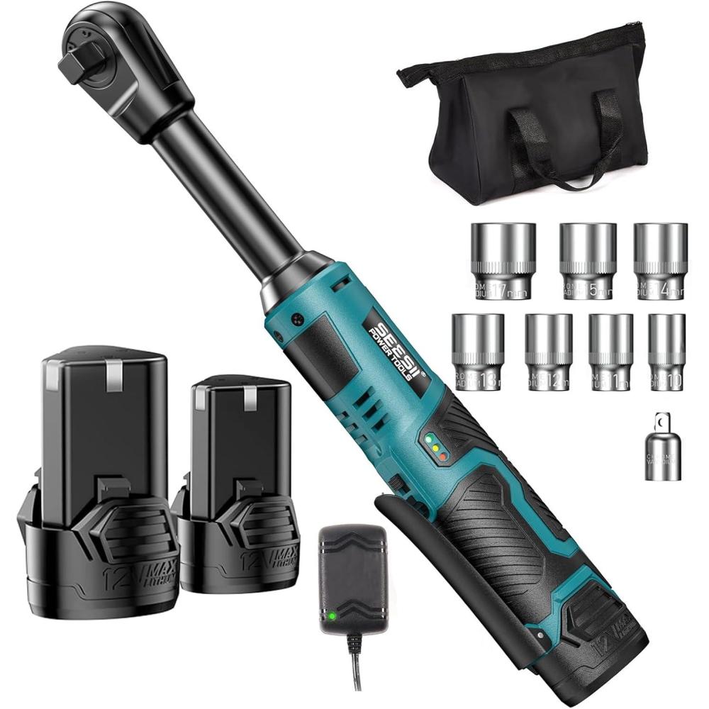 imageSeesii Extended Cordless Electric Ratchet Wrench 38quot 40 Ftlbs Torque 6quot Long Neck 220RPM 2 Pack 20Ah Battery Fast Charger 14 Drive Adapter 7 Sockets for Car Repair DIY