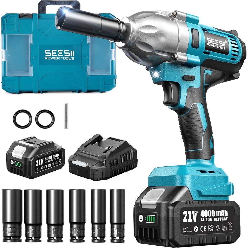 imageSeesii Impact Wrench 665 FTLBS900Nm 3300IPM 12 Impact Gun High Torque Electric Impact Driver Cordless Impact Wrench with 21V 2x40Ah Battery 6 SocketsampampCase for Home Car Tire Lug Nut Removal Tool665Ftlbs w 1x40Ah Battery
