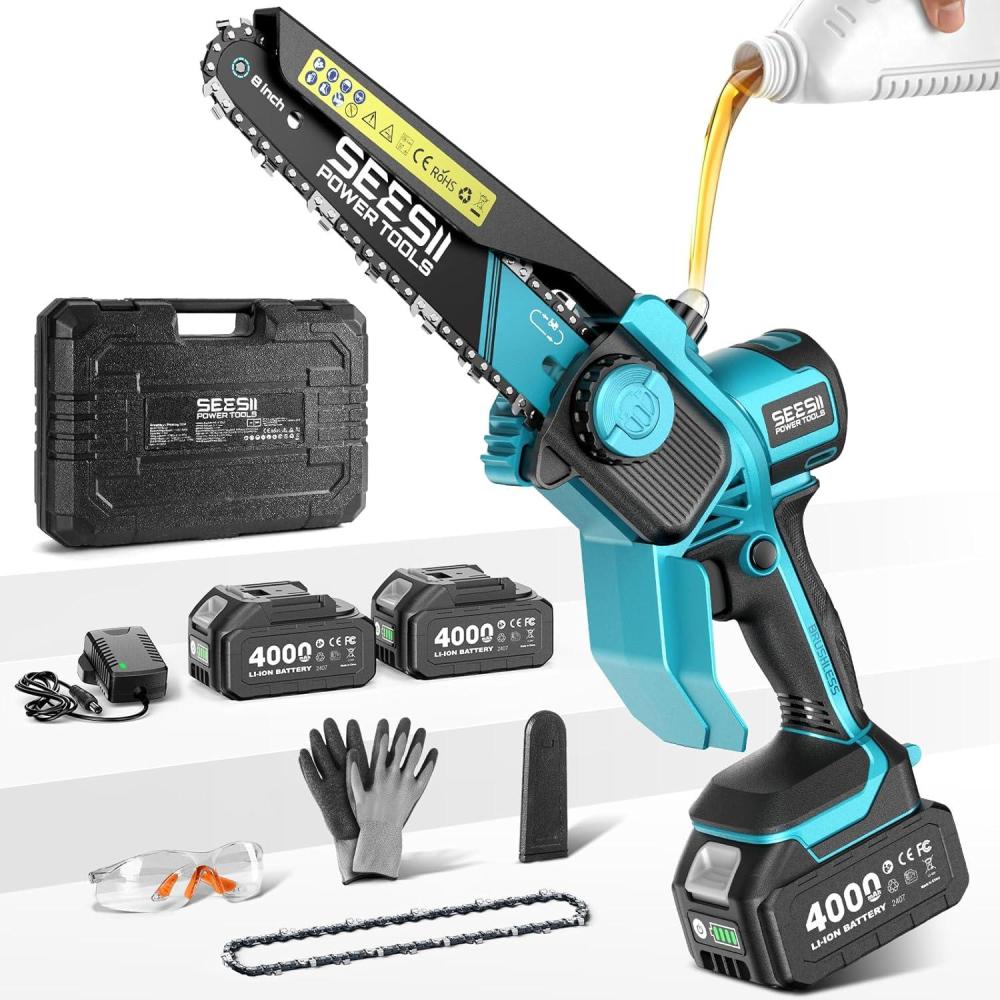 imageSeesii Mini Chainsaw 6inch Mini Chainsaw Cordless Handheld Electric Power Chain Saw with Battery for Tree Trimming Wood CuttingGifts for Father Dad Husband Men2 x 4000mAh 8 Inch Brushless