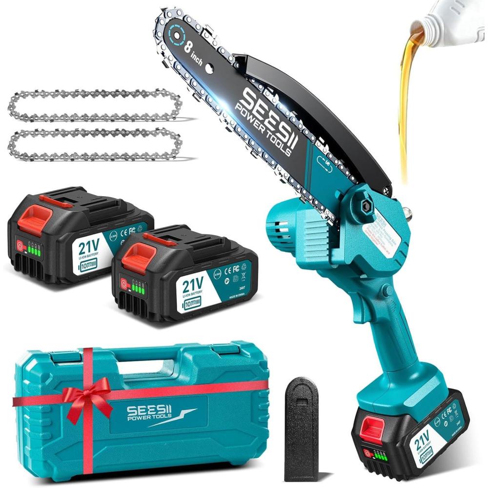 imageSeesii Mini Chainsaw 6inch Mini Chainsaw Cordless Handheld Electric Power Chain Saw with Battery for Tree Trimming Wood CuttingGifts for Father Dad Husband Men2 x 4000mAh 8 Inch Pro