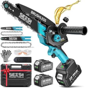 Mini Chainsaw Cordless 8 inch: Electric Chainsaw Battery Powered, Brushless Chain Saw with Auto Oiler, 2pcs Battery, Handheld Saw for Tree Branch Wood Cutting,Gardening Tools for Men Dad Husband(Blue-6/8 inch-2*4000mAh Batteries )