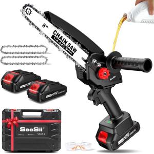 Mini Chainsaw Cordless 8 inch: Electric Chainsaw Battery Powered, Brushless Chain Saw with Auto Oiler, 2pcs Battery, Handheld Saw for Tree Branch Wood Cutting,Gardening Tools for Men Dad Husband(Black-8 inch-2*2000mAh Batteries)