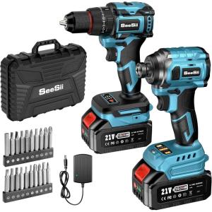 SEESII 21V Max Cordless Drill and Impact Driver, Power Tool Combo Kit Included 3/8” Drill & 1/4” Impact Driver, 2x 4000mAh Battery, Fast Charger, 20 pcs Driver Bit Set & Bag(Blue 21)