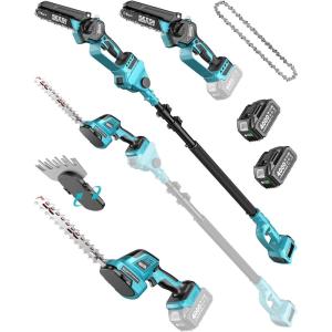SEESII 4-in-1 Pole Saw & Pruning Shears Combo Kit, 6 Inch Mini Chainsaw for Tree Trimming, Battery Powered Chain Saw with Extension Pole, Limb Branch Cutter Pruner with 2 x 4000mAh Batteries(polesaw hedge trimmer)
